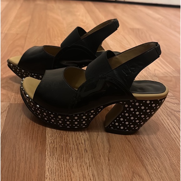 John Fluevog Shoes - John Fluevog Black Peep-Toe Platform Sandals with Polka Dot Heels